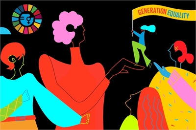 [ai] An abstract illustration featuring diverse individuals with colorful outlines. One figure holds a sign reading "Generation Equality", symbolizing empowerment and equality. The background is black, enhancing the vibrant colors of the characters.
